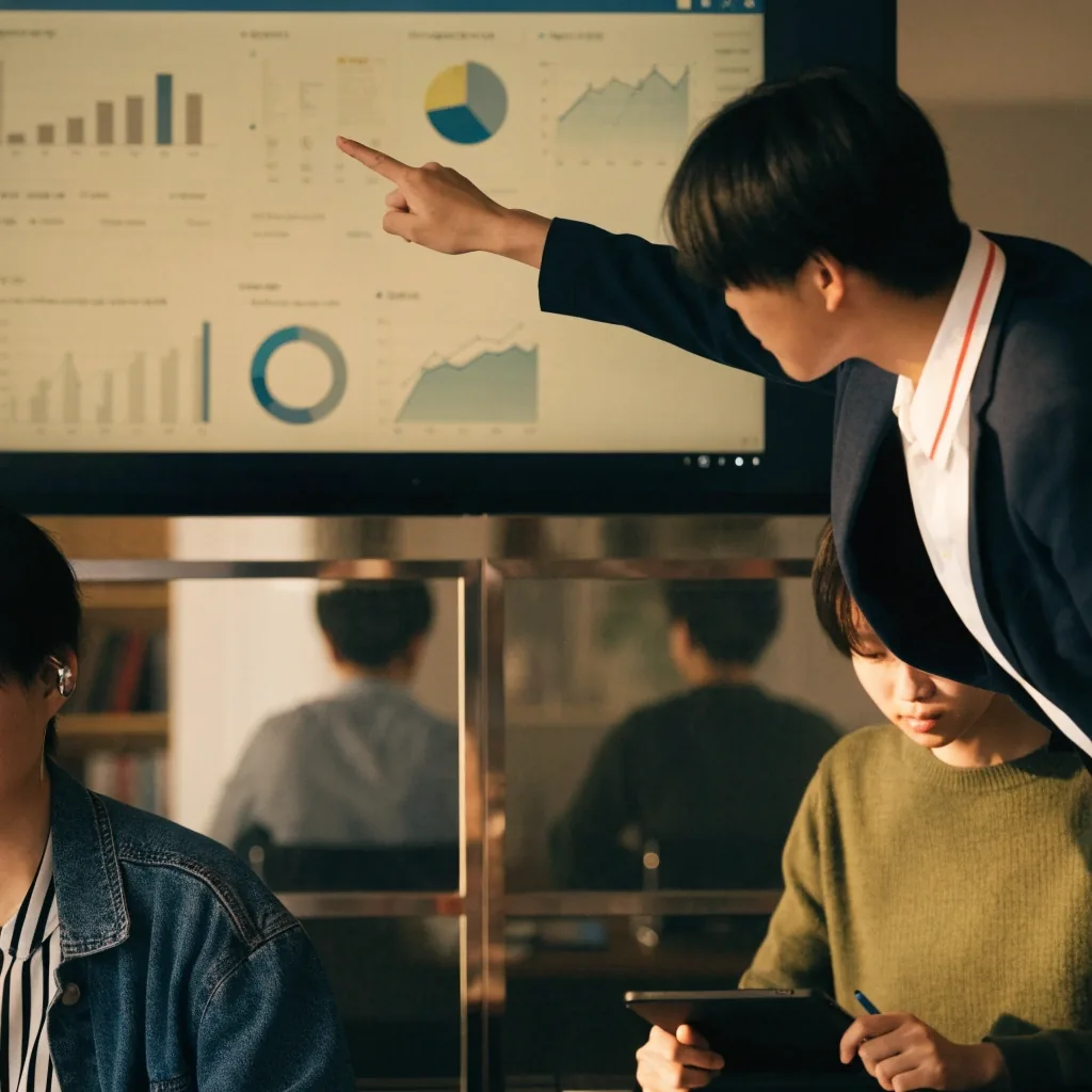 오후 늦은 시간, 알루미늄 패널 벽면의 흐릿한 화면 불빛과 책상 위 노트가 놓인 분석 평가실 전경
